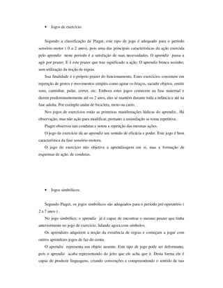• Jogos de exercício:
Segundo a classificação de Piaget, este tipo de jogo é adequado para o período
sensório-motor ( 0 a 2 anos), pois uma das principais características da ação exercida
pelo aprendiz neste período é a satisfação de suas necessidades. O aprendiz passa a
agir por prazer. E é este prazer que traz significado a ação. O aprendiz brinca sozinho,
sem utilização da noção de regras.
Sua finalidade é o próprio prazer do funcionamento, Estes exercícios consistem em
repetição de gestos e movimentos simples como agitar os braços, sacudir objetos, emitir
sons, caminhar, pular, correr, etc. Embora estes jogos comecem na fase maternal e
durem predominantemente até os 2 anos, eles se mantém durante toda a infância e até na
fase adulta. Por exemplo andar de bicicleta, moto ou carro.
Nos jogos de exercícios estão as primeiras manifestações lúdicas do aprendiz.. Há
observação, mas não ação para modificar, portanto a assimilação se torna repetitiva.
Piaget observou tais condutas e notou a repetição das mesmas ações.
O jogo de exercício dá ao aprendiz um sentido de eficácia e poder. Este jogo é bem
característica da fase sensório-motora.
O jogo de exercício não objetiva a aprendizagem em si, mas a formação de
esquemas de ação, de condutas.
• Jogos simbólicos:
Segundo Piaget, os jogos simbólicos são adequados para o período pré-operatório (
2 a 7 anos ) .
No jogo simbólico, o aprendiz já é capaz de encontrar o mesmo prazer que tinha
anteriormente no jogo de exercício, lidando agora com símbolos.
Os aprendizes adquirem a noção da existência de regras e começam a jogar com
outros aprendizes jogos de faz-de-conta.
O aprendiz representa um objeto ausente. Este tipo de jogo pode ser deformante,
pois o aprendiz acaba representando do jeito que ele acha que é. Desta forma ele é
capaz de produzir linguagens, criando convenções e compreendendo o sentido de tais
 