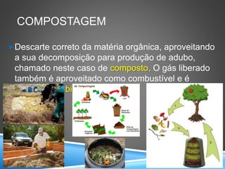 COMPOSTAGEM
Descarte correto da matéria orgânica, aproveitando
a sua decomposição para produção de adubo,
chamado neste caso de composto. O gás liberado
também é aproveitado como combustível e é
chamado de biogás.
 