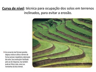 Curva de nível: técnica para ocupação dos solos em terrenos
              inclinados, para evitar a erosão.
 