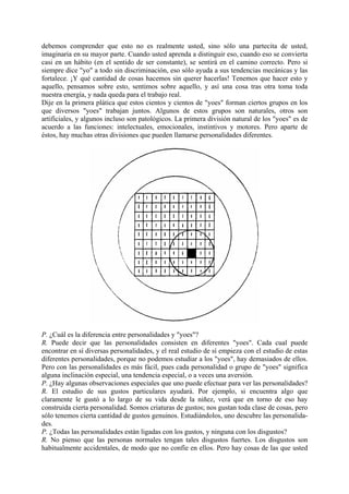 debemos comprender que esto no es realmente usted, sino sólo una partecita de usted,
imaginaria en su mayor parte. Cuando usted aprenda a distinguir eso, cuando eso se convierta
casi en un hábito (en el sentido de ser constante), se sentirá en el camino correcto. Pero si
siempre dice "yo" a todo sin discriminación, eso sólo ayuda a sus tendencias mecánicas y las
fortalece. ¡Y qué cantidad de cosas hacemos sin querer hacerlas! Tenemos que hacer esto y
aquello, pensamos sobre esto, sentimos sobre aquello, y así una cosa tras otra toma toda
nuestra energía, y nada queda para el trabajo real.
Dije en la primera plática que estos cientos y cientos de "yoes" forman ciertos grupos en los
que diversos "yoes" trabajan juntos. Algunos de estos grupos son naturales, otros son
artificiales, y algunos incluso son patológicos. La primera división natural de los "yoes" es de
acuerdo a las funciones: intelectuales, emocionales, instintivos y motores. Pero aparte de
éstos, hay muchas otras divisiones que pueden llamarse personalidades diferentes.
P. ¿Cuál es la diferencia entre personalidades y "yoes"?
R. Puede decir que las personalidades consisten en diferentes "yoes". Cada cual puede
encontrar en sí diversas personalidades, y el real estudio de sí empieza con el estudio de estas
diferentes personalidades, porque no podemos estudiar a los "yoes", hay demasiados de ellos.
Pero con las personalidades es más fácil, pues cada personalidad o grupo de "yoes" significa
alguna inclinación especial, una tendencia especial, o a veces una aversión.
P. ¿Hay algunas observaciones especiales que uno puede efectuar para ver las personalidades?
R. El estudio de sus gustos particulares ayudará. Por ejemplo, si encuentra algo que
claramente le gustó a lo largo de su vida desde la niñez, verá que en torno de eso hay
construida cierta personalidad. Somos criaturas de gustos; nos gustan toda clase de cosas, pero
sólo tenemos cierta cantidad de gustos genuinos. Estudiándolos, uno descubre las personalida-
des.
P. ¿Todas las personalidades están ligadas con los gustos, y ninguna con los disgustos?
R. No pienso que las personas normales tengan tales disgustos fuertes. Los disgustos son
habitualmente accidentales, de modo que no confíe en ellos. Pero hay cosas de las que usted
 