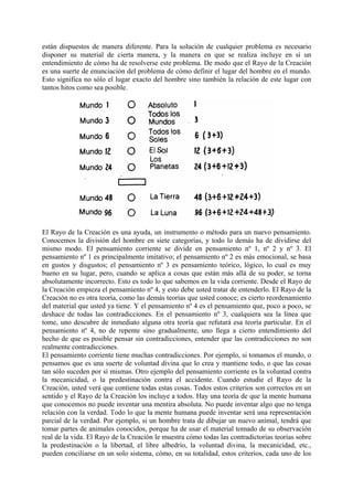 están dispuestos de manera diferente. Para la solución de cualquier problema es necesario
disponer su material de cierta manera, y la manera en que se realiza incluye en sí un
entendimiento de cómo ha de resolverse este problema. De modo que el Rayo de la Creación
es una suerte de enunciación del problema de cómo definir el lugar del hombre en el mundo.
Esto significa no sólo el lugar exacto del hombre sino también la relación de este lugar con
tantos hitos como sea posible.
El Rayo de la Creación es una ayuda, un instrumento o método para un nuevo pensamiento.
Conocemos la división del hombre en siete categorías, y todo lo demás ha de dividirse del
mismo modo. El pensamiento corriente se divide en pensamiento nº 1, nº 2 y nº 3. El
pensamiento nº 1 es principalmente imitativo; el pensamiento nº 2 es más emocional, se basa
en gustos y disgustos; el pensamiento nº 3 es pensamiento teórico, lógico, lo cual es muy
bueno en su lugar, pero, cuando se aplica a cosas que están más allá de su poder, se torna
absolutamente incorrecto. Esto es todo lo que sabemos en la vida corriente. Desde el Rayo de
la Creación empieza el pensamiento nº 4, y esto debe usted tratar de entenderlo. El Rayo de la
Creación no es otra teoría, como las demás teorías que usted conoce; es cierto reordenamiento
del material que usted ya tiene. Y el pensamiento nº 4 es el pensamiento que, poco a poco, se
deshace de todas las contradicciones. En el pensamiento nº 3, cualquiera sea la línea que
tome, uno descubre de inmediato alguna otra teoría que refutará esa teoría particular. En el
pensamiento nº 4, no de repente sino gradualmente, uno llega a cierto entendimiento del
hecho de que es posible pensar sin contradicciones, entender que las contradicciones no son
realmente contradicciones.
El pensamiento corriente tiene muchas contradicciones. Por ejemplo, si tomamos el mundo, o
pensamos que es una suerte de voluntad divina que lo crea y mantiene todo, o que las cosas
tan sólo suceden por sí mismas. Otro ejemplo del pensamiento corriente es la voluntad contra
la mecanicidad, o la predestinación contra el accidente. Cuando estudie el Rayo de la
Creación, usted verá que contiene todas estas cosas. Todos estos criterios son correctos en un
sentido y el Rayo de la Creación los incluye a todos. Hay una teoría de que la mente humana
que conocemos no puede inventar una mentira absoluta. No puede inventar algo que no tenga
relación con la verdad. Todo lo que la mente humana puede inventar será una representación
parcial de la verdad. Por ejemplo, si un hombre trata de dibujar un nuevo animal, tendrá que
tomar partes de animales conocidos, porque ha de usar el material tomado de su observación
real de la vida. El Rayo de la Creación le muestra cómo todas las contradictorias teorías sobre
la predestinación o la libertad, el libre albedrío, la voluntad divina, la mecanicidad, etc.,
pueden conciliarse en un solo sistema, cómo, en su totalidad, estos criterios, cada uno de los
 