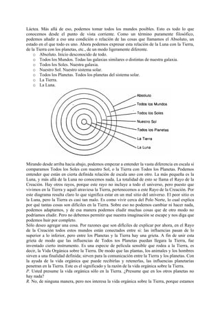 Láctea. Más allá de eso, podemos tomar todos los mundos posibles. Esto es todo lo que
conocemos desde el punto de vista corriente. Como un término puramente filosófico,
podemos añadir a eso una condición o relación de las cosas que llamamos el Absoluto, un
estado en el que todo es uno. Ahora podemos expresar esta relación de la Luna con la Tierra,
de la Tierra con los planetas, etc., de un modo ligeramente diferente.
o Absoluto. Inicio desconocido de todo.
o Todos los Mundos. Todas las galaxias similares o distintas de nuestra galaxia.
o Todos los Soles. Nuestra galaxia.
o Nuestro Sol. Nuestro sistema solar.
o Todos los Planetas. Todos los planetas del sistema solar.
o La Tierra.
o La Luna.
Mirando desde arriba hacia abajo, podemos empezar a entender la vasta diferencia en escala si
comparamos Todos los Soles con nuestro Sol, o la Tierra con Todos los Planetas. Podemos
entender que están en cierta definida relación de escala uno con otro. La más pequeña es la
Luna, y más allá de la Luna no conocemos nada. La totalidad de esto se llama el Rayo de la
Creación. Hay otros rayos, porque este rayo no incluye a todo el universo, pero puesto que
vivimos en la Tierra y aquél atraviesa la Tierra, pertenecemos a este Rayo de la Creación. Por
este diagrama resulta claro lo que significa estar en un mal sitio del universo. El peor sitio es
la Luna, pero la Tierra es casi tan malo. Es como vivir cerca del Polo Norte, lo cual explica
por qué tantas cosas son difíciles en la Tierra. Sobre eso no podemos cambiar ni hacer nada,
podemos adaptarnos, y de esa manera podemos eludir muchas cosas que de otro modo no
podríamos eludir. Pero no debemos permitir que nuestra imaginación se escape y nos diga que
podemos huir por completo.
Sólo deseo agregar una cosa. Por razones que son difíciles de explicar por ahora, en el Rayo
de la Creación todos estos mundos están conectados entre si: las influencias pasan de lo
superior a lo inferior, pero entre los Planetas y la Tierra hay una grieta. A fin de unir esta
grieta de modo que las influencias de Todos tos Planetas puedan llegara la Tierra, fue
inventado cierto instrumento. Es una especie de película sensible que rodea a la Tierra, es
decir, la Vida Orgánica sobre la Tierra. De modo que las plantas, los animales y los hombres
sirven a una finalidad definida; sirven para la comunicación entre la Tierra y los planetas. Con
la ayuda de la vida orgánica que puede recibirlas y retenerlas, las influencias planetarias
penetran en la Tierra. Este es el significado y la razón de la vida orgánica sobre la Tierra.
P. Usted presume la vida orgánica sólo en la Tierra. ¿Presume que en los otros planetas no
hay nada?
R. No, de ninguna manera, pero nos interesa la vida orgánica sobre la Tierra, porque estamos
 
