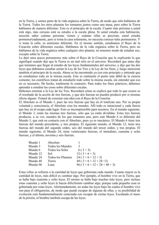 en la Tierra, y somos parte de la vida orgánica sobre la Tierra, de modo que sólo hablamos de
la Tierra. Todos los otros planetas los tomamos juntos como una masa, pero sobre la Tierra
hablamos de manera diferente. Este es el principio de la escala. Cuanto más próximo a usted
está algo, más cercano está su estudio a la escala plena. Si usted estudia esta habitación,
necesita saber cuántas personas vienen y cuántas sillas se precisan; usted estudia
pormenorizadamente, pero si toma la casa solamente, no necesita conocer tales pormenores. Y
si toma la calle, es asimismo diferente. En el mismo sentido, estudiamos el Rayo de la
Creación sobre diferentes escalas. Hablamos de la vida orgánica sobre la Tierra, pero no
hablamos de la vida orgánica sobre cualquier otro planeta; no tenemos modo de estudiar eso,
excepto sobre la Tierra.
Le daré unos pocos pormenores más sobre el Rayo de la Creación que le explicarán lo que
signifiqué cuando dije que la Tierra es un mal sitio en el universo. Recordará que antes dije
que teníamos que llegar al estudio de las leyes fundamentales del universo, y dije que las dos
leyes que debíamos estudiar serían la Ley de los Tres y la Ley de los Siete, y luego mencioné
también el principio de la escala. Ahora se ha encontrado ya con este principio y entiende que
no estudiamos todo en la misma escala. Este es realmente el punto más débil de la ciencia
comente; los científicos tratan de estudiarlo todo sobre la misma escala, sin entender que eso
no es necesario. De hecho, totalmente lo contrario. Para todos los fines prácticos, debemos
aprender a estudiar las cosas sobre diferentes escalas.
Debemos retornar a la Ley de los Tres. Recordará cómo se explicó que todo lo que ocurre es
el resultado de la acción de tres fuerzas, y que dos fuerzas no pueden producir por sí mismas
efecto alguno. Trataré de conectar esta idea con el Rayo de la Creación.
El Absoluto es el Mundo 1, pues las tres fuerzas que hay en él totalizan uno. Por su propia
voluntad y consciencia, el Absoluto crea los mundos. Allí todo es intencional y cada fuerza
que hay en él ocupa cada lugar. Esto es incomprensible para nosotros. En el mundo siguiente,
el Mundo 3, están las mismas tres fuerzas, sólo que ya están divididas. Estas tres fuerzas
producen, a su vez, mundos de los que tomamos uno, pero este Mundo 6 es diferente del
Mundo 3, que está en contacto con el Absoluto, pues ya es mecánico. El Mundo 6 tiene tres
fuerzas del mundo precedente, y tres propias. El siguiente mundo, el Mundo 12, tiene tres
fuerzas del mundo del segundo orden, seis del mundo del tercer orden, y tres propias. El
mundo siguiente, el Mundo 24, tiene veinticuatro fuerzas; el inmediato, cuarenta y ocho
fuerzas; y el último, noventa y seis fuerzas.
Mundo 1 Absoluto 1
Mundo 3 Todos los Mundos 3
Mundo 6 Todos los Soles 6 ( 3 + 3)
Mundo 12 Sol 12 ( 3 + 6 + 3)
Mundo 24 Todos los Planetas 24 ( 3 + 6 + 12 + 3)
Mundo 48 Tierra 48 ( 3 + 6 + 12 + 24 +3)
Mundo 96 Luna 96 ( 3 + 6 + 12 + 24 + 48 + 3)
Estas cifras se refieren a la cantidad de leyes que gobiernan cada mundo. Cuanto mayor es la
cantidad de leyes, más difícil es cambiar algo. Por ejemplo, el hombre vive en la Tierra, que
se halla bajo cuarenta y ocho leyes. El mismo se halla bajo muchas más leyes, pero incluso
estas cuarenta y ocho leyes le hacen dificilísimo cambiar algo, porque cada pequeña cosa es
gobernada por estas leyes. Afortunadamente, no todas las leyes bajo las cuales el hombre vive
son para él obligatorias, de modo que puede escapar de algunas de ellas, y su posibilidad de
evolución está fundamentalmente conectada con escapar de ciertas leyes. Escalando el muro
de la prisión, el hombre también escapa de las leyes.
 