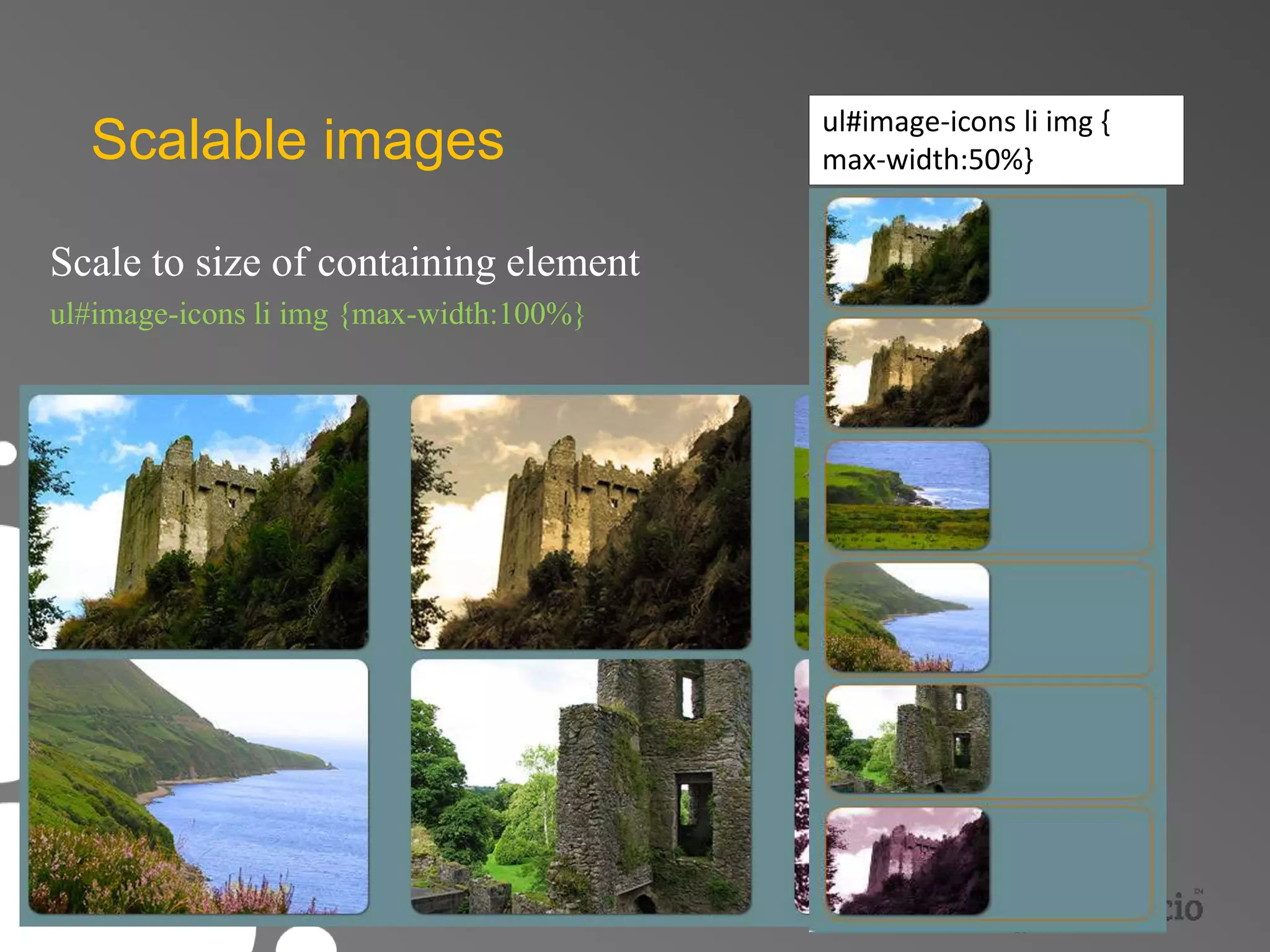 Scalable images 
Scale to size of containing element 
ul#image-icons li img {max-width:100%} 
ul#image-icons li img { 
max-width:50%} 
 