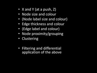 X and Y (at a push, Z)<br />Node size and colour<br />(Node label size and colour)<br />Edge thickness and colour<br />(Ed...