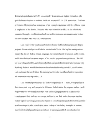 demographics indicated a 37.2% economically-disadvantaged student population who
qualified to receive free or reduced lunch and an overall 7.2% ELL population. Teachers
at Cisneros Elementary had an average of ten years of experience with five of those years
as employees in the district. Students who were identified as ELLs in the school are
supported through a combination of pull-out and inclusionary services provided by two
full time teachers who held ESL certifications.
Lulu received her teaching certification from a traditional undergraduate degree
program from a small private Christian institution in Texas. During her undergraduate
career, she did not study a foreign language, but was proficient in Spanish, and took one
multicultural education course as part of her teacher preparation experiences. She did
not hold bilingual or ESL certification but had participated in the district’s four day ESL
Academy that was provided to interested teachers in obtaining their ESL certifications.
Lulu indicated that she felt that this training had been the most beneficial in improving
her abilities in working with ELLs.
Lulu rated her preparedness as: fairly well prepared in 11 items, well prepared in
three items, and very well prepared in 16 items. Lulu felt that the program had very well
prepared her to: develop relationships with families; engage families in educational
experiences of their students; encourage students to use their native language; tap into
student’s prior knowledge; use realia objects as a teaching strategy; help students connect
new knowledge to prior experiences; use a variety of vocabulary strategies in lessons;
incorporate total physical response methods in teaching; establish opportunities for
	
  

	
  

131

 