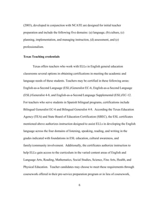 (2003), developed in conjunction with NCATE are designed for initial teacher
preparation and include the following five domains: (a) language, (b) culture, (c)
planning, implementation, and managing instruction, (d) assessment, and (e)
professionalism.
Texas Teaching credentials
Texas offers teachers who work with ELLs in English general education
classrooms several options in obtaining certifications in meeting the academic and
language needs of these students. Teachers may be certified in these following areas:
English-as-a-Second Language (ESL)/Generalist EC-6, English-as-a-Second Language
(ESL)/Generalist 4-8, and English-as-a-Second Language Supplemental (ESL)/EC-12.
For teachers who serve students in Spanish bilingual programs, certifications include
Bilingual Generalist EC-6 and Bilingual Generalist 4-8. According the Texas Education
Agency (TEA) and State Board of Education Certification (SBEC), the ESL certificates
mentioned above authorizes instruction designed to assist ELLs in developing the English
language across the four domains of listening, speaking, reading, and writing in the
grades indicated with foundations in ESL education, cultural awareness, and
family/community involvement. Additionally, the certificates authorize instruction to
help ELLs gain access to the curriculum in the varied content areas of English and
Language Arts, Reading, Mathematics, Social Studies, Science, Fine Arts, Health, and
Physical Education. Teacher candidates may choose to meet these requirements through
coursework offered in their pre-service preparation program or in lieu of coursework,
	
  

	
  

6

 