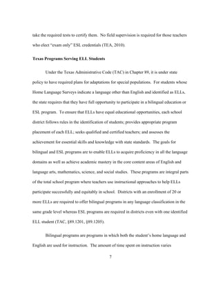take the required tests to certify them. No field supervision is required for those teachers
who elect “exam only” ESL credentials (TEA, 2010).
Texas Programs Serving ELL Students
Under the Texas Administrative Code (TAC) in Chapter 89, it is under state
policy to have required plans for adaptations for special populations. For students whose
Home Language Surveys indicate a language other than English and identified as ELLs,
the state requires that they have full opportunity to participate in a bilingual education or
ESL program. To ensure that ELLs have equal educational opportunities, each school
district follows rules in the identification of students; provides appropriate program
placement of each ELL; seeks qualified and certified teachers; and assesses the
achievement for essential skills and knowledge with state standards. The goals for
bilingual and ESL programs are to enable ELLs to acquire proficiency in all the language
domains as well as achieve academic mastery in the core content areas of English and
language arts, mathematics, science, and social studies. These programs are integral parts
of the total school program where teachers use instructional approaches to help ELLs
participate successfully and equitably in school. Districts with an enrollment of 20 or
more ELLs are required to offer bilingual programs in any language classification in the
same grade level whereas ESL programs are required in districts even with one identified
ELL student (TAC, §89.1201, §89.1205).
Bilingual programs are programs in which both the student’s home language and
English are used for instruction. The amount of time spent on instruction varies
	
  

	
  

7

 