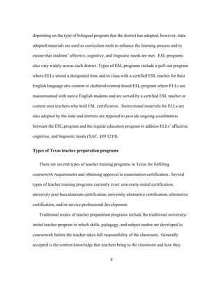 depending on the type of bilingual program that the district has adopted; however, state
adopted materials are used as curriculum tools to enhance the learning process and to
ensure that students’ affective, cognitive, and linguistic needs are met. ESL programs
also vary widely across each district. Types of ESL programs include a pull-out program
where ELLs attend a designated time and/or class with a certified ESL teacher for their
English language arts content or sheltered/content-based ESL program where ELLs are
mainstreamed with native English students and are served by a certified ESL teacher or
content area teachers who hold ESL certification. Instructional materials for ELLs are
also adopted by the state and districts are required to provide ongoing coordination
between the ESL program and the regular education program to address ELLs’ affective,
cognitive, and linguistic needs (TAC, §89.1210).
Types of Texas teacher preparation programs
There are several types of teacher training programs in Texas for fulfilling
coursework requirements and obtaining approval to examination certification. Several
types of teacher training programs currently exist: university-initial certification,
university post baccalaureate certification, university alternative certification, alternative
certification, and in-service professional development.
Traditional routes of teacher preparation programs include the traditional universityinitial teacher program in which skills, pedagogy, and subject matter are developed in
coursework before the teacher takes full responsibility of the classroom. Generally
accepted is the content knowledge that teachers bring to the classroom and how they
	
  

	
  

8

 