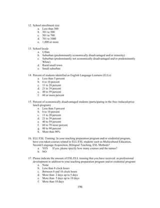 12. School enrollment size:
a. Less than 300
b. 301 to 500
c. 501 to 700
d. 701 to 1000
e. 1,000 or more
13. School locale
a. Urban
b. Suburban (predominantly economically disadvantaged and/or minority)
c. Suburban (predominantly not economically disadvantaged and/or predominantly
White)
d. Rural/small town
e. Small suburban
14. Percent of students identified as English Language Learners (ELLs)
a. Less than 5 percent
b. 6 to 10 percent
c. 11 to 20 percent
d. 21 to 39 percent
e. 40 to 59 percent
f. 60 or more percent
15. Percent of economically disadvantaged students (participating in the free-/reduced-price
lunch program)
a. Less than 5 percent
b. 6 to 10 percent
c. 11 to 20 percent
d. 21 to 39 percent
e. 40 to 59 percent
f. 60 to 79 more percent
g. 80 to 90 percent
h. More than 90%
16. ELL/ESL Training: In your teaching preparation program and/or credential program,
have you taken courses related to ELL/ESL students such as Multicultural Education,
Second Language Acquisition, Bilingual Teaching, ESL Methods?
a. YES
If yes, please specify how many courses and the names?
b. NO
17. Please indicate the amount of ESL/ELL training that you have received as professional
development in addition to your teaching preparation program and/or credential program:
a. None
b. Less than 8 clock hours
c. Between 8 and 16 clock hours
d. More than 2 days up to 5 days
e. More than 5 days up to 10 days
f. More than 10 days
	
  

	
  

196

 