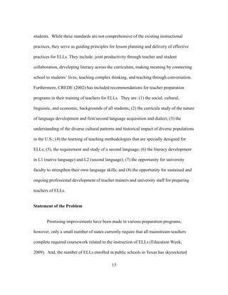 students. While these standards are not comprehensive of the existing instructional
practices, they serve as guiding principles for lesson planning and delivery of effective
practices for ELLs. They include: joint productivity through teacher and student
collaboration, developing literacy across the curriculum, making meaning by connecting
school to students’ lives, teaching complex thinking, and teaching through conversation.
Furthermore, CREDE (2002) has included recommendations for teacher preparation
programs in their training of teachers for ELLs. They are: (1) the social, cultural,
linguistic, and economic, backgrounds of all students; (2) the curricula study of the nature
of language development and first/second language acquisition and dialect; (3) the
understanding of the diverse cultural patterns and historical impact of diverse populations
in the U.S.; (4) the learning of teaching methodologies that are specially designed for
ELLs; (5), the requirement and study of a second language; (6) the literacy development
in L1 (native language) and L2 (second language); (7) the opportunity for university
faculty to strengthen their own language skills; and (8) the opportunity for sustained and
ongoing professional development of teacher trainers and university staff for preparing
teachers of ELLs.
Statement of the Problem
Promising improvements have been made in various preparation programs;
however, only a small number of states currently require that all mainstream teachers
complete required coursework related to the instruction of ELLs (Education Week,
2009). And, the number of ELLs enrolled in public schools in Texas has skyrocketed
	
  

	
  

13

 