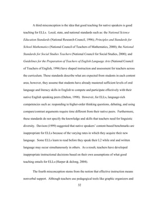 A third misconception is the idea that good teaching for native speakers is good
teaching for ELLs. Local, state, and national standards such as: the National Science
Education Standards (National Research Council, 1996); Principles and Standards for
School Mathematics (National Council of Teachers of Mathematics, 2000); the National
Standards for Social Studies Teachers (National Council for Social Studies, 2000); and
Guidelines for the Preparation of Teachers of English Language Arts (National Council
of Teachers of English, 1996) have shaped instruction and assessment for teachers across
the curriculum. These standards describe what are expected from students in each content
area; however, they assume that students have already mastered sufficient levels of oral
language and literacy skills in English to compete and participate effectively with their
native English speaking peers (Dalton, 1998). However, for ELLs, language-rich
competencies such as: responding to higher-order thinking questions, debating, and using
compare/contrast arguments require time different from their native peers. Furthermore,
these standards do not specify the knowledge and skills that teachers need for linguistic
diversity. Davison (1999) suggested that native speakers’ content-based benchmarks are
inappropriate for ELLs because of the varying rates in which they acquire their new
language. Some ELLs learn to read before they speak their L2 while oral and written
language may occur simultaneously in others. As a result, teachers have developed
inappropriate instructional decisions based on their own assumptions of what good
teaching entails for ELLs (Harper & deJong, 2004).
The fourth misconception stems from the notion that effective instruction means
nonverbal support. Although teachers use pedagogical tools like graphic organizers and
	
  

	
  

32

 