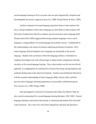 second language learning as ELLs use peers who are more linguistically competent and
knowledgeable for positive supports (Lucas et al., 2008; Wong-Fillmore & Snow, 2005).
Another component of second language acquisition theory is that students who
have a strong foundation in their native language are more likely to achieve parity with
their native English peers than those students who do not possess native language skills.
Thomas and Collier (2002) suggested that strong academic language in one’s native
language is a huge predictor of second language and academic success. Fundamental to
this understanding is the notion of common underlying proficiency (Cummins, 1981)
where language skills developed in one’s language are transferable to the second
language. Students who are literate in their first language and have a foundation in
academic knowledge come with a broad range of subject matter competencies that they
can draw on for second language learning. Thus, when teachers use the one-size-fits-all
approach, it is inappropriate for teaching ELLs because they bring varying linguistic and
academic backgrounds to the school environment. Teachers must familiarize themselves
with the essential understanding of native-language ability, literacy skills, and their
previous native language schooling experiences to successfully scaffold learning for
ELLs (Lucas et al., 2008; Waiqui, 2008).
Safe and supportive classroom environments that reduce the affective filter are
also crucial in promoting ELLs second language learning (Krashen, 1982, 2003). Second
language learning is maximized when anxiety is minimized and students feel welcomed
in the classroom. Also, since ELLs have been stigmatized, ridiculed, and ignored in
	
  

	
  

38

 