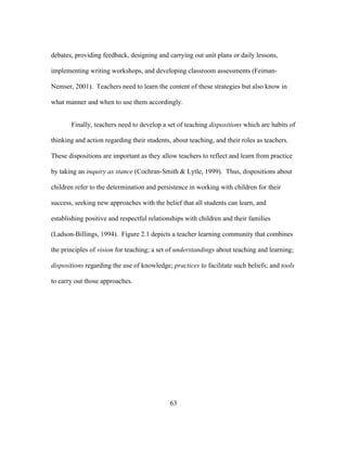 debates, providing feedback, designing and carrying out unit plans or daily lessons,
implementing writing workshops, and developing classroom assessments (FeimanNemser, 2001). Teachers need to learn the content of these strategies but also know in
what manner and when to use them accordingly.
Finally, teachers need to develop a set of teaching dispositions which are habits of
thinking and action regarding their students, about teaching, and their roles as teachers.
These dispositions are important as they allow teachers to reflect and learn from practice
by taking an inquiry as stance (Cochran-Smith & Lytle, 1999). Thus, dispositions about
children refer to the determination and persistence in working with children for their
success, seeking new approaches with the belief that all students can learn, and
establishing positive and respectful relationships with children and their families
(Ladson-Billings, 1994). Figure 2.1 depicts a teacher learning community that combines
the principles of vision for teaching; a set of understandings about teaching and learning;
dispositions regarding the use of knowledge; practices to facilitate such beliefs; and tools
to carry out those approaches.

	
  

	
  

63

 