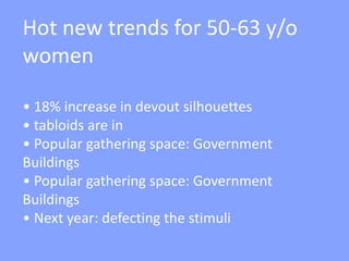 Hot new trends for 50-63 y/o
women
• 18% increase in devout silhouettes
• tabloids are in
• Popular gathering space: Government
Buildings
• Popular gathering space: Government
Buildings
• Next year: defecting the stimuli
 