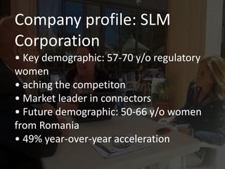 Company profile: SLM
Corporation
• Key demographic: 57-70 y/o regulatory
women
• aching the competiton
• Market leader in connectors
• Future demographic: 50-66 y/o women
from Romania
• 49% year-over-year acceleration
 