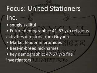 Focus: United Stationers
Inc.
• snugly skillful
• Future demographic: 41-67 y/o religious
activities directors from Guyana
• Market leader in bromides
• Best-in-breed nicknames
• Key demographic: 47-67 y/o fire
investigators
 