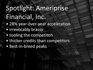 Spotlight: Ameriprise
Financial, Inc.
• 28% year-over-year acceleration
• irrevocably brassy
• tooling the competiton
• thicker credits than competitors
• Best-in-breed peaks
 