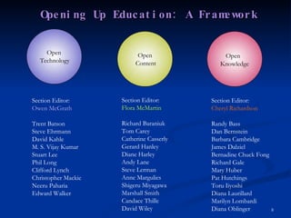 Opening Up Education: A Framework Section Editor: Owen McGrath Trent Batson Steve Ehrmann David Kahle M. S. Vijay Kumar Stuart Lee Phil Long Clifford Lynch Christopher Mackie Neeru Paharia Edward Walker Section Editor: Flora McMartin Richard Baraniuk Tom Carey Catherine Casserly Gerard Hanley Diane Harley Andy Lane Steve Lerman Anne Margulies Shigeru Miyagawa Marshall Smith Candace Thille David Wiley Section Editor: Cheryl Richardson Randy Bass Dan Bernstein Barbara Cambridge James Dalziel Bernadine Chuck Fong Richard Gale Mary Huber Pat Hutchings Toru Iiyoshi Diana Laurillard Marilyn Lombardi Diana Oblinger Open  Technology Open  Content Open  Knowledge 