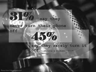 Photo from Kaboompics.com
31% say they
never turn their phone
off
45%
say they rarely turn it
off. (Rainie & Zickuhr, 2015)
 