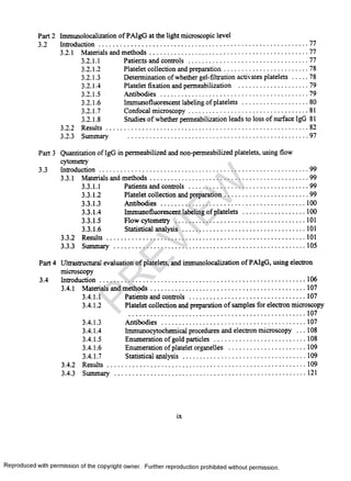 Part 2 Immunolocalization of PAIgG at the light microscopic level
3.2 Introduction.......................................................................................................................... 77
3.2.1 Materials and m ethods..............................................................................................77
3.2.1.1 Patients and controls ...................................................77
3.2.1.2 Platelet collection and preparation...................................................78
3.2.1.3 Determination of whether gel-filtration activates platelets...........78
3.2.1.4 Platelet fixation and permeabilization ...........................................79
3.2.1.5 Antibodies ........................................................................................ 79
3.2.1.6 Immunofluorescent labeling of platelets .........................................80
3.2.1.7 Confocal microscopy........................................................................81
3.2.1.8 Studies of whether permeabilization leads toloss of surface IgG 81
3.2.2 Results........................................................................................................................82
3.2.3 Summary ......................................................................................................97
Part 3 Quantitation of IgG in permeabilized and non-permeabilized platelets,using flow
cytometry
3.3 Introduction...........................................................................................................................99
3.3.1 Materials and m ethods..............................................................................................99
3.3.1.1 Patients and controls...........................................................................99
3.3.1.2 Platelet collection and preparation...................................................99
3.3.1.3 Antibodies ......................................................................................100
3.3.1.4 Immunofluorescent labeling of platelets .................................... 100
3.3.1.5 Flow cytometry ..............................................................................101
3.3.1.6 Statistical analysis..........................................................................101
3.3.2 Results...................................................................................................................... 101
3.3.3 Summary .................................................................................................................. 105
Part 4 Ultrastructural evaluation of platelets, and immunolocalization of PAIgG, usingelectron
microscopy
3.4 Introduction......................................................................................................................... 106
3.4.1 Materials and m ethods............................................................................................ 107
3.4.1.1 Patients and controls ....................................................................107
3.4.1.2 Platelet collection and preparation of samples for electron microscopy
.........................................................................................................107
3.4.1.3 Antibodies ......................................................................................107
3.4.1.4 Immunocytochemical procedures and electron microscopy ...108
3.4.1.5 Enumeration of gold particles ......................................................108
3.4.1.6 Enumeration of platelet organelles ...............................................109
3.4.1.7 Statistical analysis ..........................................................................109
3.4.2 Results.......................................................................................................................109
3.4.3 Summary .................................................................................................................. 121
ix
Reproduced with permission of the copyright owner. Further reproduction prohibited without permission.
PR
EVIEW
 