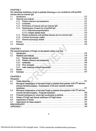 CHAPTER 4
The subcellular distribution of IgG in platelets following in vitro incubations with purified
immune and non-immune IgG
4.1 Introduction ........................................................................................................................... 122
4.2 Materials and methods...........................................................................................................122
4.2.1 Platelet collection and preparation.........................................................................122
4.2.2 Antibodies ............................................................................................................... 123
4.2.3 Purification of immune and non-immuneIgG ......................................................123
4.2.4 Determination of reactivity of purified IgG .......................................................... 123
4.2.4.1 Radioimmunoprecipitation ........................................................................123
4.2.4.2 Antigen capture assay ........................................................................... 124
4.2.5 Platelet incubations with purified immuneand non-immune Ig G ........................125
4.2.6 Confocal microscopy studies................................................................................. 125
4.2.7 Electron microscopy studies ................................................................................. 125
4.3 R esults....................................................................................................................................126
4.4 Summary ................................................................................................................................136
CHAPTER 5
The immunolocalization of PAIgG on the platelet surface over time
5.1 Introduction............................................................................................................................139
5.2 Materials and methods...........................................................................................................139
5.2.1 Patients and controls .............................................................................................. 139
5.2.2 Platelet collection and preparation.........................................................................140
5.2.3 Antibodies ............................................................................................................... 140
5.2.4 Flow cytometry .......................................................................................................141
5.2.5 Laser scanning confocal microscopy.....................................................................141
5.3 R esults....................................................................................................................................141
5.4 Summary ................................................................................................................................147
CHAPTER 6
Discussion
6.1 Thesis objectives................................................................................................................... 151
6.2 Biological interpretation of elevated PAIgG in platelets from patients with ITP and non-
immune thrombocytopenia - Examination of the most currently accepted
hypothesis...............................................................................................................................151
6.3 Biological interpretation of elevated PAIgG in platelets from patients with ITP and non-
immune thrombocytopenia - Proposedhypothesis .......................................................... 156
6.4 Proposed mechanism by which IgG accumulates in platelets............................................160
6.5 Nature of PAIgG and clinical usefulness of PAIgG assays................................................162
6.6 Significance of results........................................................................................................... 164
6.7 Implications for future research............................................................................................ 167
BIBLIOGRAPHY ............................................................................................................................ 168
APPENDIX 1 .....................................................................................................................................199
x
Reproduced with permission of the copyright owner. Further reproduction prohibited without permission.
PR
EVIEW
 