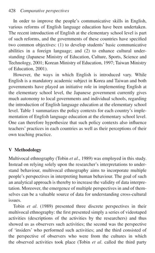 In order to improve the people’s communicative skills in English,
various reforms of English language education have been undertaken.
The recent introduction of English at the elementary school level is part
of such reforms, and the governments of these countries have speciﬁed
two common objectives: (1) to develop students’ basic communicative
abilities in a foreign language; and (2) to enhance cultural under-
standing (Japanese Ministry of Education, Culture, Sports, Science and
Technology, 2001; Korean Ministry of Education, 1997; Taiwan Ministry
of Education, 2001).
However, the ways in which English is introduced vary. While
English is a mandatory academic subject in Korea and Taiwan and both
governments have played an initiative role in implementing English at
the elementary school level, the Japanese government currently gives
much autonomy to local governments and individual schools, regarding
the introduction of English language education at the elementary school
level. Table 1 summarizes the policy contexts for each country’s imple-
mentation of English language education at the elementary school level.
One can therefore hypothesize that such policy contexts also inﬂuence
teachers’ practices in each countries as well as their perceptions of their
own teaching practice.
V Methodology
Multivocal ethnography (Tobin et al., 1989) was employed in this study.
Instead on relying solely upon the researcher’s interpretations to under-
stand behaviour, multivocal ethnography aims to incorporate multiple
people’s perspectives in interpreting human behaviour. The goal of such
an analytical approach is thereby to increase the validity of data interpre-
tation. Moreover, the emergence of multiple perspectives in and of them-
selves can be a valuable source of data for understanding cross-cultural
issues.
Tobin et al. (1989) presented three discrete perspectives in their
multivocal ethnography: the ﬁrst presented simply a series of videotaped
activities (descriptions of the activities by the researchers) and thus
showed us as observers such activities; the second was the perspective
of ‘insiders’ who performed such activities; and the third consisted of
the perspective of observers who were from the cultures in which
the observed activities took place (Tobin et al. called the third party
428 Comparative perspectives
 