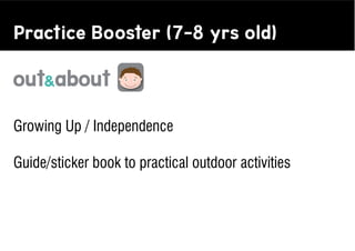 Practice Booster (7-8 yrs old)



Growing Up / Independence

Guide/sticker book to practical outdoor activities
 