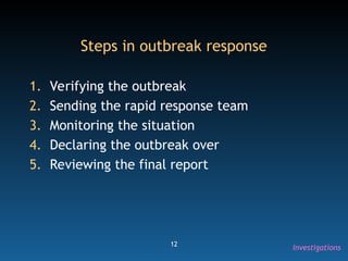 12
Steps in outbreak response
1. Verifying the outbreak
2. Sending the rapid response team
3. Monitoring the situation
4. Declaring the outbreak over
5. Reviewing the final report
Investigations
 