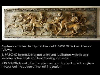 The fee for the Leadership module is at P10,000.00 broken down as follows: 1. P7,500.00 for module preparation and facilitation which is also inclusive of handouts and teambuilding materials. 2.P2,500.00 allocated for the prizes and certificates that will be given throughout the course of the training session. 