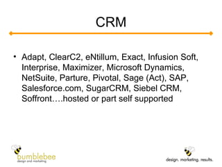 CRM Adapt, ClearC2, eNtillum, Exact, Infusion Soft, Interprise, Maximizer, Microsoft Dynamics, NetSuite, Parture, Pivotal, Sage (Act), SAP, Salesforce.com, SugarCRM, Siebel CRM, Soffront….hosted or part self supported 