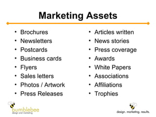 Marketing Assets Brochures Newsletters Postcards Business cards Flyers Sales letters Photos / Artwork Press Releases Articles written News stories Press coverage Awards White Papers Associations Affiliations Trophies 