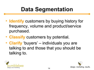 Data Segmentation Identify  customers by buying history for frequency, volume and product/service purchased. Classify  customers by potential. Clarify  ‘buyers’ – individuals you are talking to and those that you should be talking to. 
