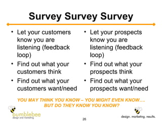 Survey Survey Survey Let your customers know you are listening (feedback loop) Find out what your customers think Find out what your customers want/need Let your prospects know you are listening (feedback loop) Find out what your prospects think Find out what your prospects want/need YOU MAY THINK YOU KNOW – YOU MIGHT EVEN KNOW….  BUT DO THEY KNOW YOU KNOW? 