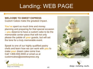 Landing: WEB PAGE WELCOME TO SWEET EXPRESS Custom Cakes make the greatest impact. You’ve   spent so much time and money planning and preparing for that special occasion –   you   deserve to have a custom cake to be the memorable center piece that will not only please the palate of   your  guests, but will set the tone for a truly memorable event. Speak to one of our highly qualified pastry chefs and learn how we can work with   you   to make   your   dream cake come true.  Call 1-800-555-5555 or email us at  [email_address] 