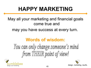 HAPPY MARKETING May all your marketing and financial goals come true and  may you have success at every turn.  Words of wisdom: You can only change someone’s mind  from THEIR point of view! 