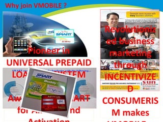 Why join VMOBILE ?

Pioneer in
UNIVERSAL PREPAID
LOADING SYSTEM
Awarded by SMART
for Airtime and

Revolutioniz
ed business
marketing
through
INCENTIVIZE
D
CONSUMERIS
M makes

 
