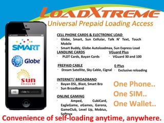 CELL PHONE CARDS & ELECTRONIC LOAD

Globe, Smart, Sun Cellular, Talk N’ Text, Touch
Mobile
Smart Buddy, Globe Autoloadmax, Sun Express Load

•

•

LANDLINE CARDS

VGuard Plus

•

•

PLDT Cards, Bayan Cards

VGuard 30 and 100

PREPAID CABLE

E-Plus

•

•

Dream Satellite, Sky Cable, Cignal

INTERNET/ BROADBAND
•
•

Bayan DSL, Blast, Smart Bro
Sun Broadband

ONLINE GAMING
•

Amped,
CubiCard,
EagleGame, eGames, Garena,
GameClub, Level Up, Mobius,
Softnyx

Exclusive reloading

One Phone..
One SIM..
One Wallet..

Convenience of self-loading anytime, anywhere.

 