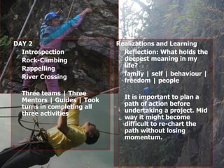 DAY 2 Introspection Rock-Climbing Rappelling River Crossing Three teams | Three Mentors | Guides | Took turns in completing all three activities Realizations and Learning  Reflection: What holds the deepest meaning in my life?  family | self | behaviour | freedom | people It is important to plan a path of action before undertaking a project. Mid way it might become difficult to re-chart the path without losing momentum. 