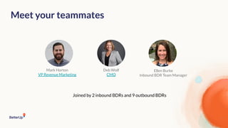 10
Meet your teammates
Mark Horton
VP Revenue Marketing
Deb Wolf
CMO
Ellen Burke
Inbound BDR Team Manager
Joined by 2 inbound BDRs and 9 outbound BDRs
 