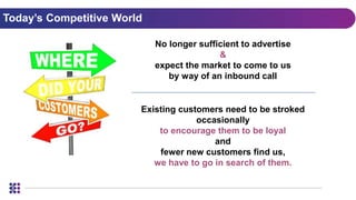 Today’s Competitive World
No longer sufficient to advertise
&
expect the market to come to us
by way of an inbound call
Existing customers need to be stroked
occasionally
to encourage them to be loyal
and
fewer new customers find us,
we have to go in search of them.
 