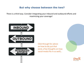 But why choose between the two? There is a third way. Consider integrating your inbound and outbound efforts and maximizing your coverage!  Click through for advice  on how to do just that  (and, a few thoughts on how  social media fits in as well)… OUTBOUND INBOUND INTEGRATED EFFORTS 