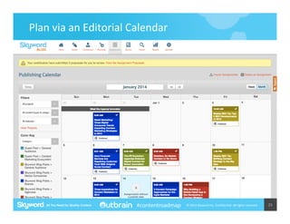 Plan	
  via	
  an	
  Editorial	
  Calendar	
  	
  

#contentroadmap

©	
  2014	
  Skyword	
  Inc,	
  Conﬁden5al.	
  All	
  rights	
  reserved.	
  

25	
  

 