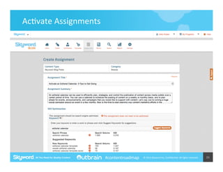 Ac5vate	
  Assignments	
  

#contentroadmap

©	
  2014	
  Skyword	
  Inc,	
  Conﬁden5al.	
  All	
  rights	
  reserved.	
  

26	
  

 