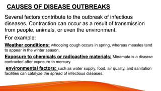 CAUSES OF DISEASE OUTBREAKS
Several factors contribute to the outbreak of infectious
diseases. Contraction can occur as a result of transmission
from people, animals, or even the environment.
For example:
Weather conditions: whooping cough occurs in spring, whereas measles tend
to appear in the winter season.
Exposure to chemicals or radioactive materials: Minamata is a disease
contracted after exposure to mercury.
environmental factors: such as water supply, food, air quality, and sanitation
facilities can catalyze the spread of infectious diseases.
 