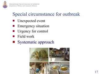 Special circumstance for outbreak  Unexpected event Emergency situation Urgency for control Field work  Systematic approach 