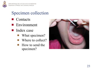 Specimen collection Contacts Environment Index case What specimen? Where to collect? How to send the specimen? 