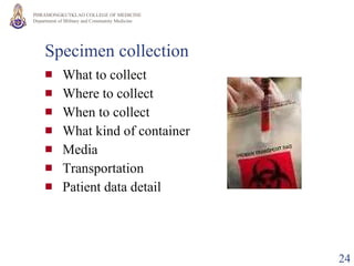 Specimen collection What to collect Where to collect When to collect What kind of container Media Transportation Patient data detail 