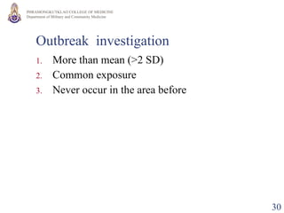 Outbreak  investigation More than mean (>2 SD) Common exposure Never occur in the area before 