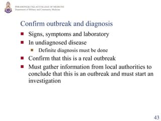 Confirm outbreak and diagnosis Signs, symptoms  and laboratory In undiagnosed disease Definite diagnosis must be done Confirm that this is a real outbreak Must gather information from local authorities to conclude that this is an outbreak and must start an investigation  